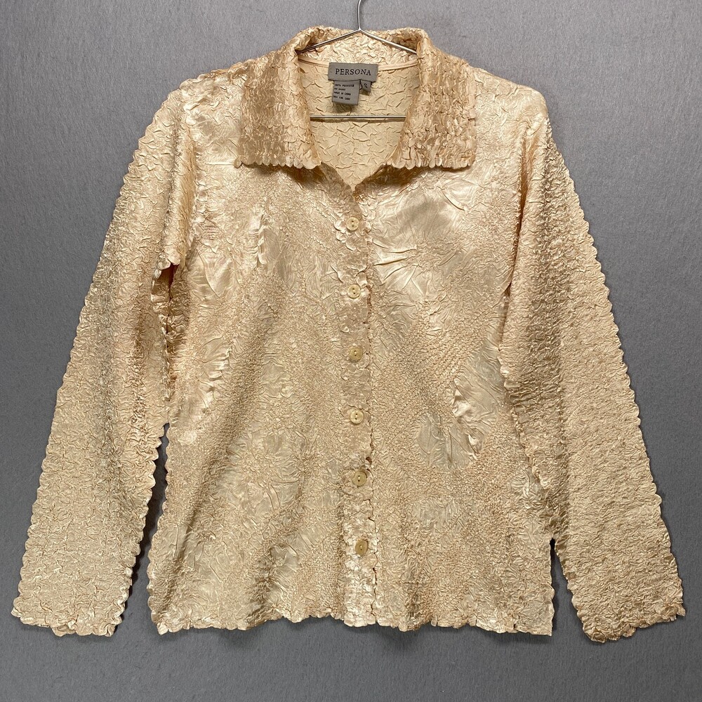 Persona Blouse Womens Small Gold Crinkle Lightweight Button Up Dressy Shiny